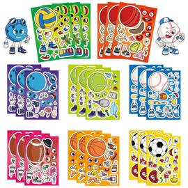 24 Sheets Make a Face Ball Game Stickers for Girls Boys, Make Your Own Basketball Baseball Rugby Volleyball Soccer Stickers Mix and Match Ball Sports DIY Sticker for Theme Birthday Party Supplies
