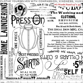 RILEY BLAKE,J W FRISCH, "PRESS ON" VINTAGE SEWING IRONS FABRICS - G-WORDS WHITE PANEL 24X43: