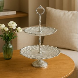 Brass & Crystal Glass 2-Tier Serving Tray Stand – Silver Nickel Finish, Elegant Tiered Dessert Platter, 14 x 10.5 Inch Display Tray for Parties & Entertaining