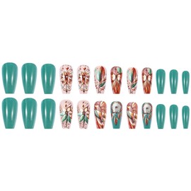 Coffin Press on Nails Medium Nails Press ons Spring Fake Nails with Flower Butterfly Designs Glossy Glue on Nails Cute False Nails Green Acrylic Nails Artificial Stick on Nails for Women 24Pcs
