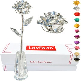 LovFaith Valentine Gift Real Rose Dipped 24K Gold with Crystal Stand, Best Anniversary Rose Gift for Her Wife Mother Birthday Christmas (B2. Sterling Silver -Blooming)