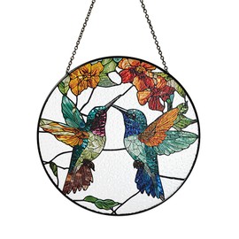 6" Hummingbirds Stained Glass Suncatchers Art Glass Birds for Sun Catcher Indoor Window Gifts for Pet Animal Nature Floral Lovers Women Grandma Mom Friend Painted Glass Panel Décor BIRD-06B-SG6