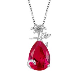 YL Women's Necklace 925 Sterling Silver Lily Flower Pendant Chain 12 Birthstone Pear Drop Zirconia Necklace Jewellery Gifts for Mother Girlfriend, Silver, Ruby