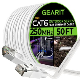 GearIT Cat 6 - Cable Ethernet plano para exteriores (50 pies, blanco) con clasificación de entierro directo LLDPE - Red de computadora para juegos RJ45 sin enganches, cable de conexión de Internet