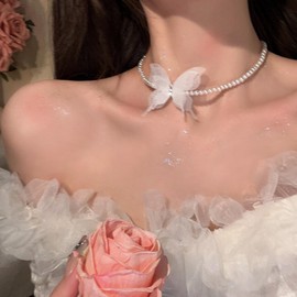 Yheakne Vintage White Lace Butterfly Choker Necklace Pearl Strand Collar Necklace White Cz Butterfly Tulle Lace Necklaces Round Pearl Necklaces Chain Jewelry for Women