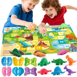 Dinosaur Playdough Sets for Kids Ages 2-4, Family Board Games for 2-6 Players, 6 Dino 3D Modeling Tools, 5 Play Dough, Adventure Map & Dice, Playdough Accessories Gift for 3 4 5 6 Year Old Boys Girls