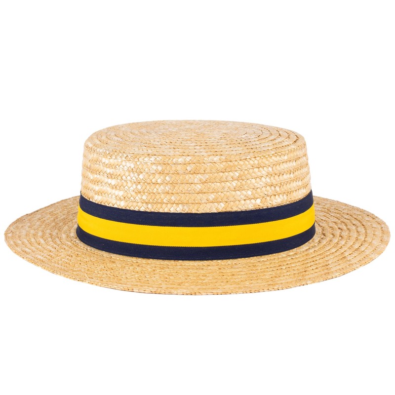 ZAKIRA Classic Straw Boater Hat Handmade from Natural Straw (Navy-Yellow