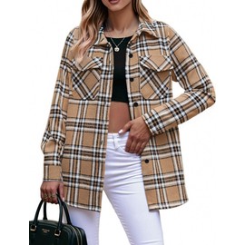 Zeagoo Plaid Shirts for Women Flannel Cotton Blend Collared Long Sleeve Blouse Button-Up Casual Outfits Tops Khaki M