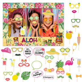 36 Pcs Hawaiian Photo Booth Props Kit, Hawaiian Photo Booth Frame Selfie Props Kit, Summer Beach Pool Photo Frame Photo Props DIY Photo Booth Props Kit for Hawaiian Tropical Summer Party Supplies