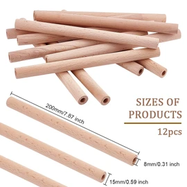 OLYCRAFT 12Pcs 7.9x0.6 Inch Hollow Wood Sticks Round Wooden Dowel Rod with 0.3 Inch Hole Unfinished Beech Wood Rods Natural Wood Round Rods for DIY Crafts Arts Projects