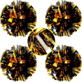 Hooshing 4PCS Black and Gold Cheer Pom Poms Metallic Pom Poms Cheerleading with Handle for Sports Dance Team Spirit Party Performance