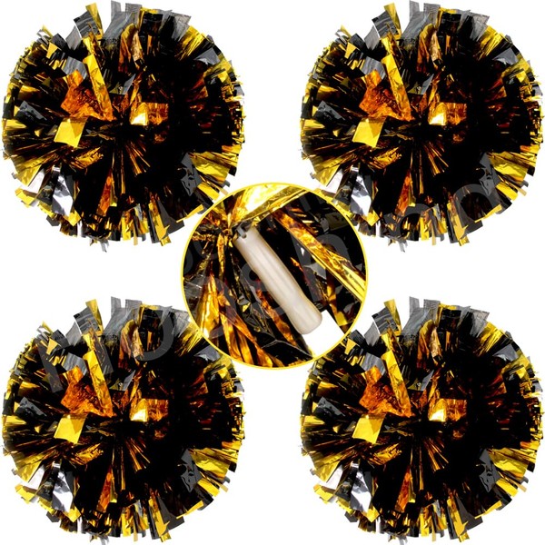 Hooshing 4PCS Black and Gold Cheer Pom Poms Metallic Pom