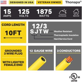 Thonapa 10 Foot Lighted Outdoor Extension Cord - 12/3 SJTW Heavy Duty Yellow Extension Cable with 3 Prong Grounded Plug for Safety - Great for Garden and Major Appliances
