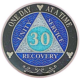 (Years 1-50) 30 Year AA Recovery Silver Color Plated Glitter Medallion, Black Rainbow, Blue, Silver Glitter Coin, Epoxy Covered (AA 30 Year Glitter Medallion)