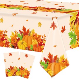 2 Pack Fall Thanksgiving Tablecloth Pumpkin Maple Leaves Plastic Tablecloth Disposable Autumn Leaves Rectangle Table Covers Decorations for Fall Harvest Thanksgiving Holiday Party Kitchen 54" x 108"