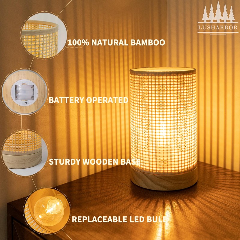 Battery Operated Lamp Boho Rattan Table Lamp with Timer, Battery