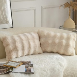 Mandioo Pack of 2 Cushion Covers 30cm x 50cm Decorative Thick Plush Wool Throw Pillow Covers cases for Sofa Bedroom Living Home 12 x 20 Inch Beige
