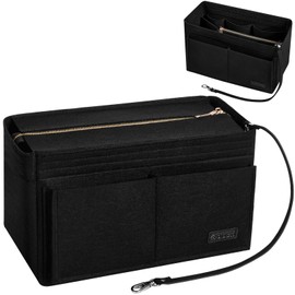 Ropch Handbag Organiser Insert, Tote Bag Organiser Insert Felt Bag Organizer Storage with Bottle Holder Perfect for Speedy Neverfull Tote,Black - M