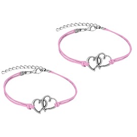 Penny & Piper Set of 2 Friendship Bracelets, Steel Double Hearts Bracelets with Soft Pink Leatherette Cord