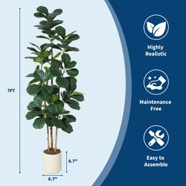Faux Fiddle Leaf Fig Tree 7 FT, Artificial Tree with Lifelike Trunk & Glossy Leaves, Bendable Boughs for Custom Look, Zero Maintenance Fake Plant in White Planter for Home Office Decor