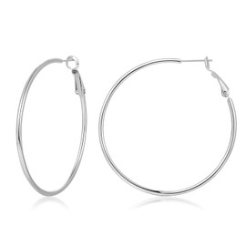 Stainless Steel Hoop Earrings, White Gold Plated 316L Steel Hoop Earrings for Women Size 55mm, Stainless Steel, No Gemstone