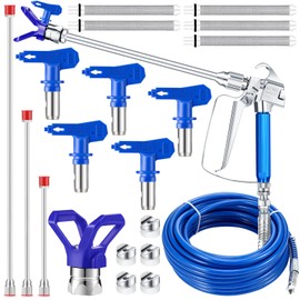 16 Pieces Paint Sprayer Hose Set, Airless Paint Sprayer Hose Kit with Spray Gun 5 Reversible Nozzles 1 Hand Tight Tip Guard 3 Head Extensions 5 Airless Spray Gun Mesh Filters (Blue)