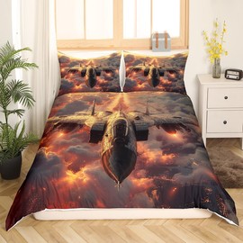 Fighter Plane Kids Boys Bedding Set 3D Aircraft Comforter Cover Red Fire Gray Cloud Duvet Cover Room Decor Sky Plane Bedspread Cover Twin Bedding Collection 2Pcs,No Comforter