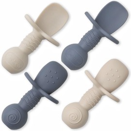 Ginbear Platinum Silicone Baby Spoons Self Feeding 6 Months First Stage, Non Toxic Infants Led Weaning Utensils for Training, BLW Supplies Pack of 4 (Cool Gray/Ivory)
