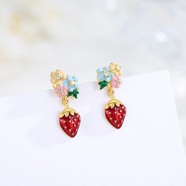 Flower Strawberry Earrings Sterling Silver Strawberry Stud Earrings Fuirt Strawberry Earrings for Women Girls, Sterling Silver, No Gemstone