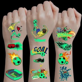 VICDUEKG 120 Tatuajes Temporales De Balón De Fútbol Que Brillan En La Oscuridad, Ideales Para Fiestas Deportivas, Cumpleaños Y Decoración. Pegatinas De Tatuajes Para Niños Y Adultos.