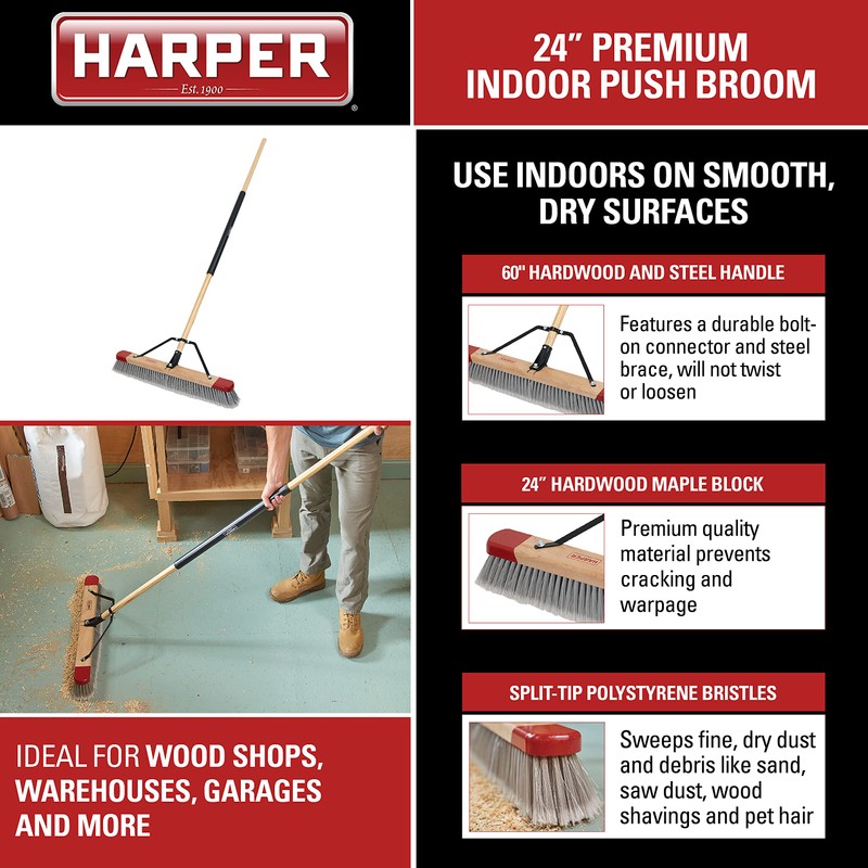 Harper 24 Inch Indoor Push Broom, Premium Heavy Duty Smooth-Surface