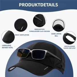 TOP-EX L/XL/XXL Unisex Breathable Baseball Cap UV Protection Summer Cap Sun Hat Baseball Cap Running Cap Sports Golf Cap with Sunglasses Holder, 96550_Black, L
