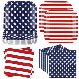 Funnymoom 200 Pcs 4th of July Plates and Napkins Sets American Flag Patriotic Party Supplies 7 Inches Disposable Paper Plates and 13 Inches Dinner Napkins for Independence Memorial Day Decorations