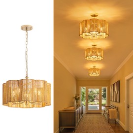 Tbaoinla 5-Light 19.6'' 2-in-1 Linear-Woven Rattan Ceiling Light - Convertible Flush Mount/Pendant for Kitchen Island & Dining Room, Dimmable with Adjustable Chain + Rod