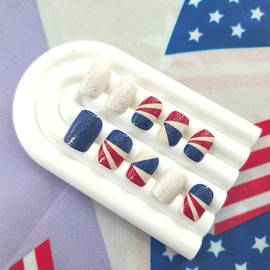 4th of July Press on Nails Short Square Fake Nails with Glitter Designs Independence Day Nails Press ons Glossy Glue on Nails Blue False Nails Red Acrylic Nails White Stick on Nails for Women 24Pcs