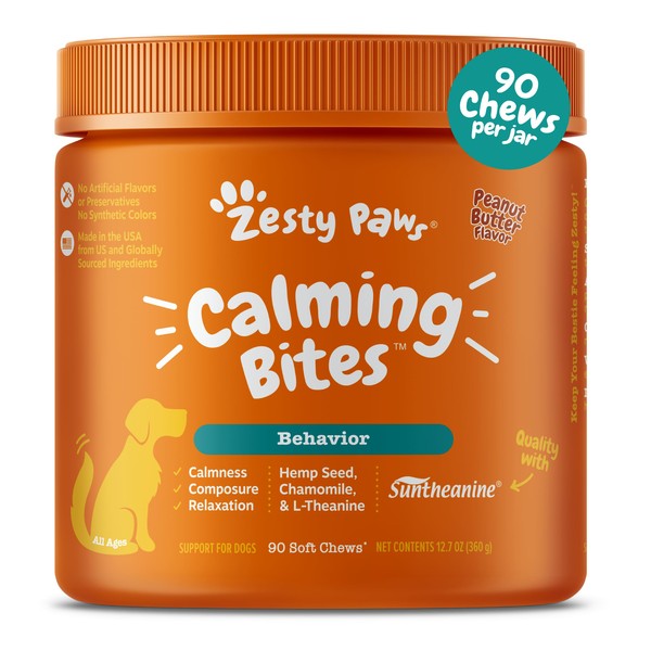 Zesty Paws Calming Chews for Dogs - Composure & Relaxation for Everyday Stress & Separation - with Ashwagandha, Organic Chamomile, L-Theanine & L-Tryptophan – Peanut Butter - 90 Count