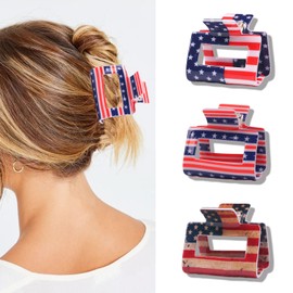 3Pcs Independence Day Hair Clips,4th of July Hair Claw Clips for Women,American Flag Star Jaw Clamp,Non-Slip Square Clip Girl Hair Accessories for Patriotic Memorial Day,Parade Party