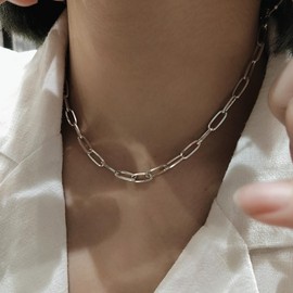 Inateannal Punk Necklace Paperclip Link Chain Necklace Paper Clip Thick Necklace Silver Paper Link Necklace Chain Minimalist Short Choker Necklace
