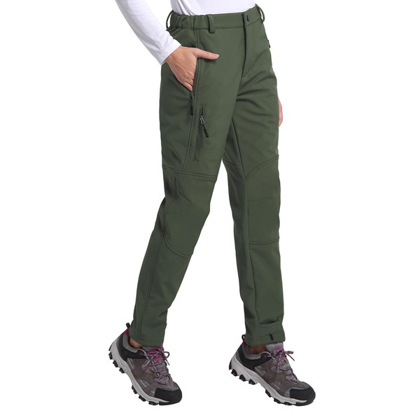 BALEAF Women's Hiking Pants Waterproof Fleece Lined Cold Weather Insulated Ski Snow Pant Warm Winter Soft Shell Army Green XXL