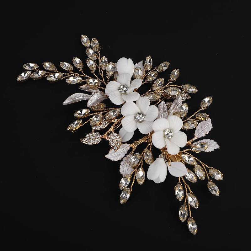 Rumtock White Flower with Rhinestones Gold Leaf Hair Comb Handmade