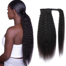 Human Hair Kinky Straight Ponytails Drawstring Extension 18 Inch Kinky Straight Hair Clip in Pony Tail for Black Women (18 Inches)