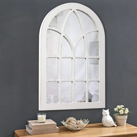 Farmhouse Large Arched Window Pane Mirror Decor Wall Decor 36" x 24", Rustic White Hanging Decorative Mirror Window, Cathedral Wall Mounted Wood Mirror for Living Room Fireplace Bedroom Entryway
