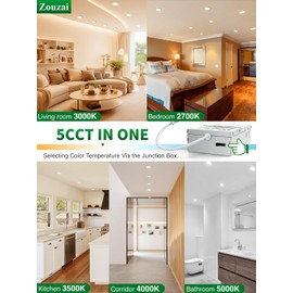 zouzai 6 Inch 5CCT Ultra-Thin LED Recessed Ceiling Light with Junction Box, 2700K/3000K/3500K/4000K/5000K Selectable, 12W Eqv 110W,Dimmable, led can Lights- ETL and Energy Star Certified【 6 Pack 】
