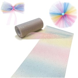 1pcs Rainbow Gradient Glitter Tulle Roll Fabric Ribbon Tulle Ribbon Roll for Table Sash Bow Pet Tutu Skirt Sewing Crafting Fabric Present DIY Wedding Party Birthday Festival Decor (6 Inches x10Yards)