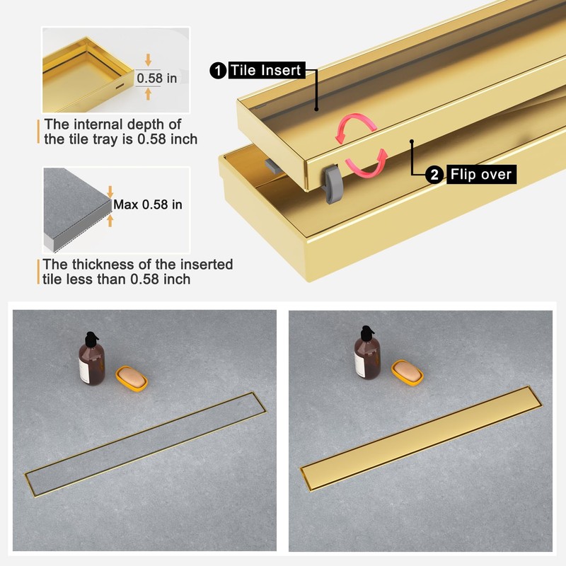 EBYTE Linear Shower Drain, 12 Inch Brushed Gold 304 Stainless