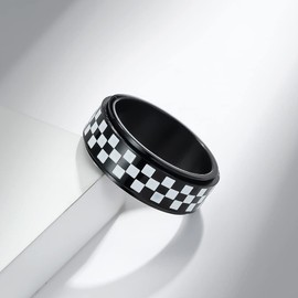 OAKKY Unisex Chessboard Black and White Net Rotating Fidget Ring Stainless Steel Anxiety Band, Metal, Metal