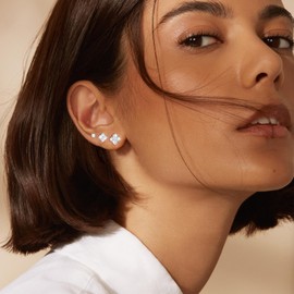 3 Pairs Clover Earrings Sterling Silver Stud Earring for Women and Girls,Diamond Cubic Zirconia Flower Sleeper Studs,Kids Earings,Hypoallergenic Four Leaf Lucky Charm Jewelry Gift Set for Birthday