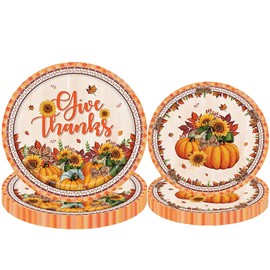 Hayooha 40 Pack Thanksgiving Plates, 7" and 9" Pumpkin Disposable Plates for Party Thanksgiving Tableware Decorations Dining Table Birthday Party Supplies