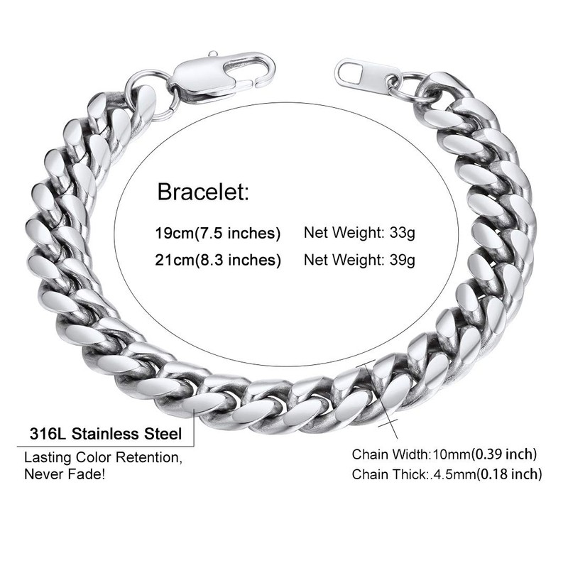 Mens Bracelet 10MM Chain 316L Stainless Steel Punk Curb Cuban