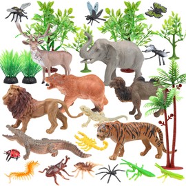 DOITEM Rainforest Animal Toy Figure Set, Assortment of Creatures, Rainforest Diorama Supplies, Animal Models and Trees, Gift for Kids Birthday Party for Boys and Girls